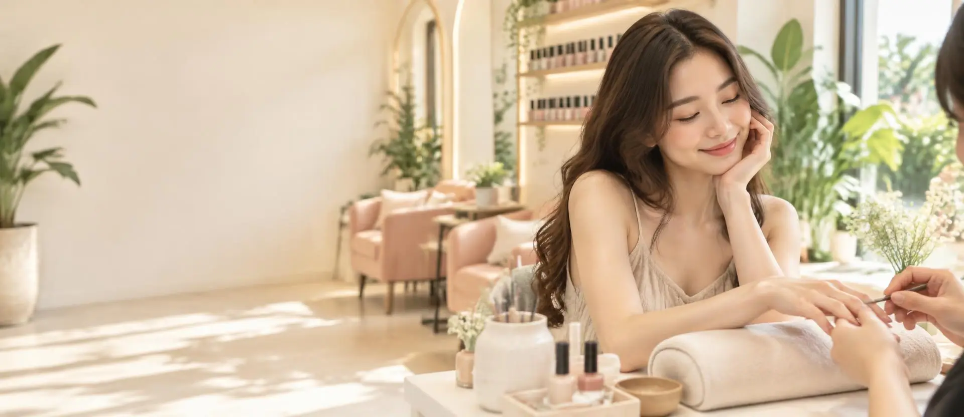 Khách hàng thư giãn khi làm móng trong salon đầy nắng